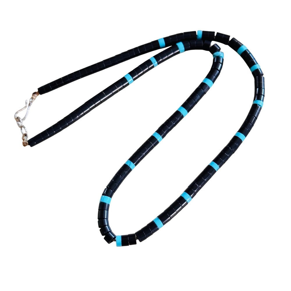VTG Santo Domingo Necklace Heishi Turquoise Jet Beaded 70s Retro Choker 18"